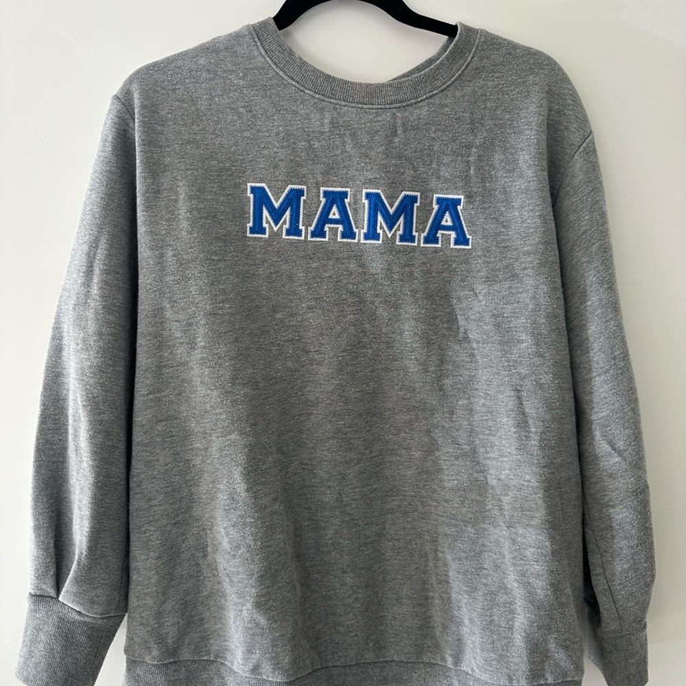 Gray Sweatshirt with Blue 'MAMA' Embroidery